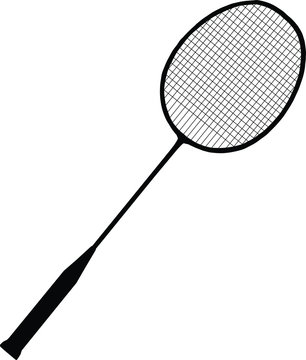 A black and white silhouette of a badminton racket