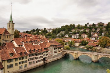 Fototapeta na wymiar The Old City is the medieval city center of Bern, Switzerland. Built on a narrow hill surrounded on three sides by the river Aare.