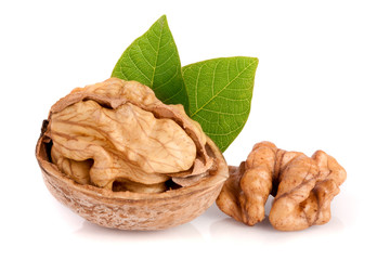 Walnut with leaf isolated on white background