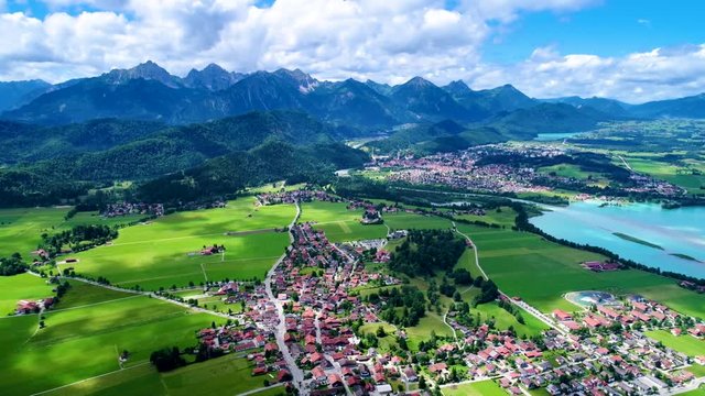 Panorama from the air Forggensee and Schwangau, Germany, Bavaria