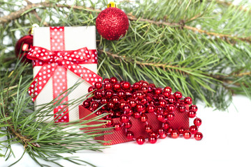 Christmas clock, bauble decor and snow fir tree. Isolated on white background