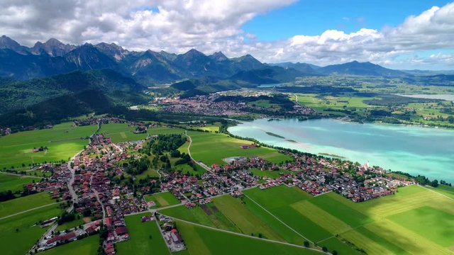 Panorama from the air Forggensee and Schwangau, Germany, Bavaria