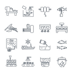 set of thin line icons food, meal production process, fish, meat