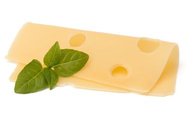 Cheese and basil leaves isolated on white background