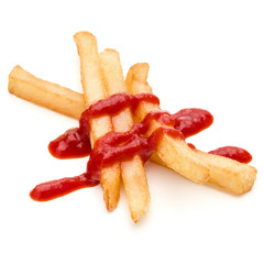 French Fried Potatoes with ketchup isolated on white background