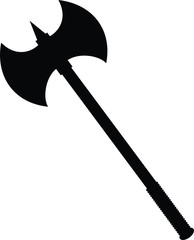 A black and white silhouette of a battle axe