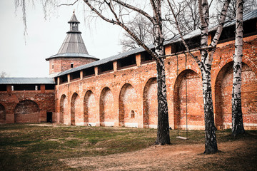 wooden rope  swing on a birch in the courtyard of the stone zaraysky Kremlin. Unapproachable fortress monastery Russia
