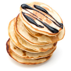 Pancakes  stack with chocolate syrup on white background