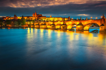 Fantastic medieval stone Charles bridge and castle Prague, Czech Republic