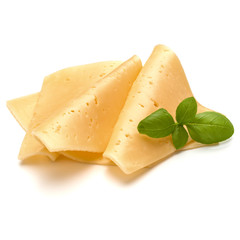 cheese slices and basil herb leaves isolated on white background cutout