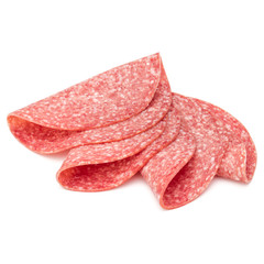 Salami smoked sausage slices isolated on white background