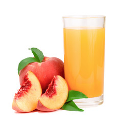 Glass of fruit juice and cut peaches isolated on white background