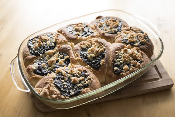 traditional homemade cakes filled with sweet curd cheese and on top are plum jam