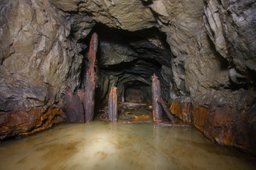 Underground abandoned mica ore mine shaft tunnel gallery passage