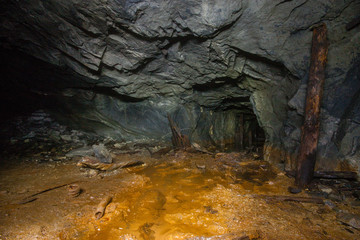 Underground abandoned mica ore mine shaft tunnel gallery passage