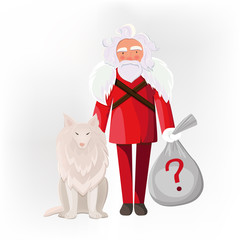 Santa Claus with dog isolated. Secret Santa holding a bag with gifts. Alaskan Malamute dog as a symbol of New Year 2018.
