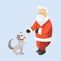 Santa Claus playing with dog. Santa with pawing dog isolated. Santa gives a bone to his pet. Dog as a symbol of New Year 2018.