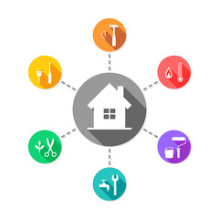 Maintenance and facility management concept with house and work tools utensils. Colorful flat design with long shadow.