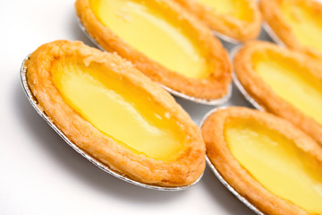fresh egg tarts on a white background