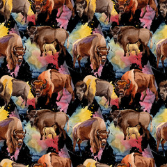 Exotic bison wild animal pattern in a watercolor style. Full name of the animal: bison, buffalo. Aquarelle wild animal for background, texture, wrapper pattern or tattoo. © yanushkov