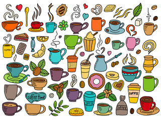 set of coffee doodle