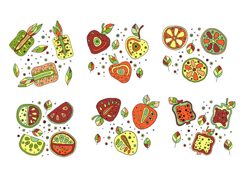 Set of vector hand drawn childish fruits. Cute childlike pineapple, cherry, berry, strawberry, pomegranate, watermelon, lime, lemon, orange with leaves, seeds, drops. Doodle, sketch, cartoon style.