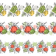 Vector set, fruits seamless pattern. Decorative border. Watermelon, strawberry, pear with leaves, decorative elements, blots, drops, splash Hand drawn contour lines and strokes Graphic illustration