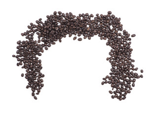 Cup of coffee and coffee beans on wooden spoon on white background