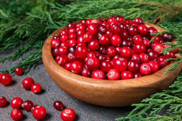Juicy ripe berry cranberries in a wooden bowl on a dark background with copy space