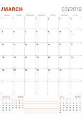 March 2018. Vector Print Template. Monthly Calendar Planner for 2018 Year. Week Starts Monday. 3 Months on the Page. Stationery Design