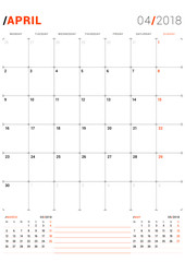 April 2018. Vector Print Template. Monthly Calendar Planner for 2018 Year. Week Starts Monday. 3 Months on the Page. Stationery Design