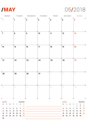 May 2018. Vector Print Template. Monthly Calendar Planner for 2018 Year. Week Starts Monday. 3 Months on the Page. Stationery Design