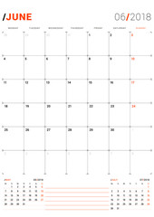 June 2018. Vector Print Template. Monthly Calendar Planner for 2018 Year. Week Starts Monday. 3 Months on the Page. Stationery Design