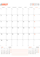 July 2018. Vector Print Template. Monthly Calendar Planner for 2018 Year. Week Starts Monday. 3 Months on the Page. Stationery Design