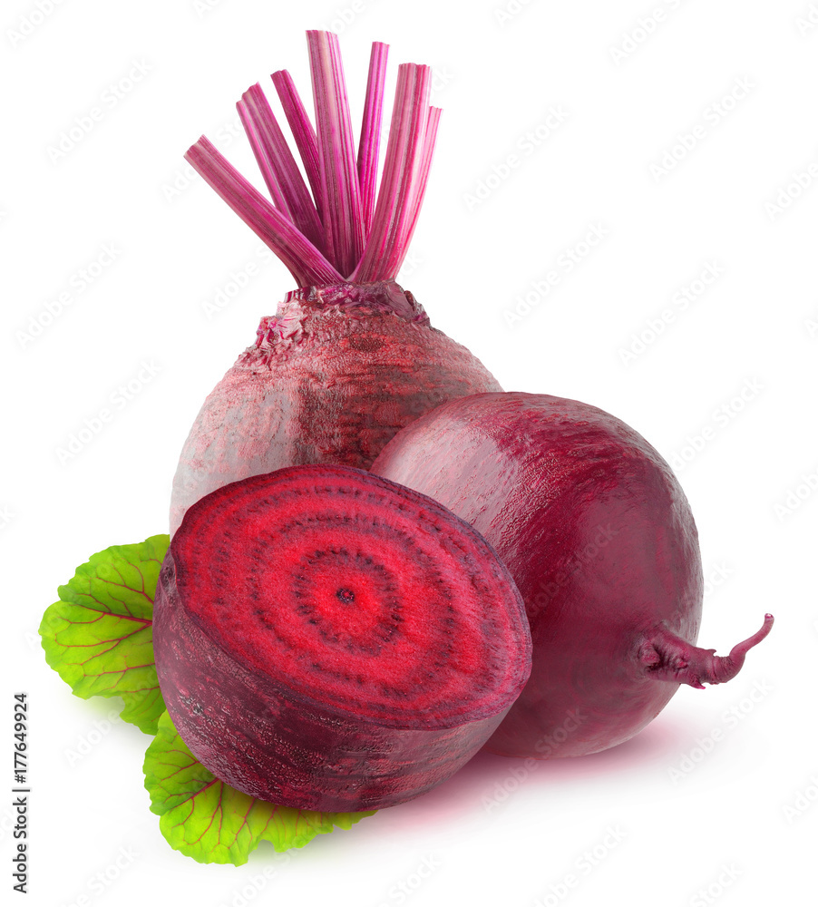 Aufkleber isolated beetroot. two raw beetroot vegetables and a half with leaves isolated on white background w