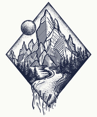 Mountain and river tattoo and t-shirt design. Meditation symbols, travel, tourism Outdoors concept. Mountains tattoo, t-shirt design, surreal graphics
