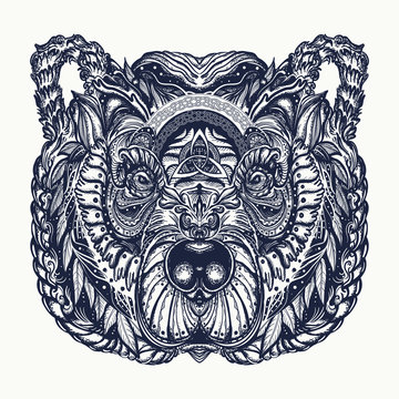 Bear tattoo and t-shirt design. Northern grizzly bear, symbol of force, wild nature, outdoors. Ornamental celtic bear head tattoo