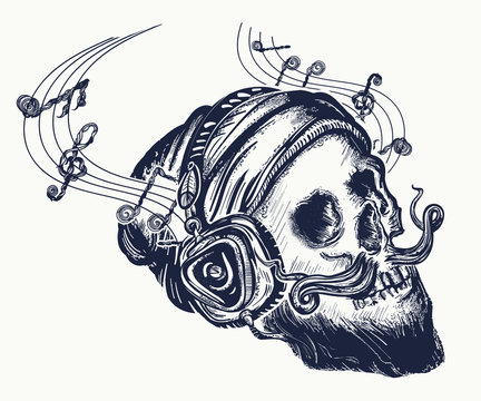 Human skull tattoo and t-shirt design. Skull of the bearded hipster. Skull in earphone listens to music. Skull with beard, mustache, hipster hat and headphones tattoo