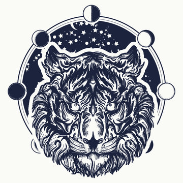 Tiger tattoo. Tiger portrait against background of  universe. Symbol of wisdom, force, soul. Magic tribal tiger tattoo and t-shirt design