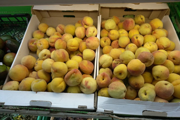 boxes of peaches on the shelf in the store