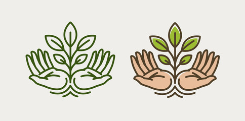 Sprout in hand. Agriculture, farming logo or symbol. Ecology, environmental protection, natural, organic icon. Vector illustration