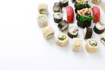 Set of sushi rolls, maki on white background