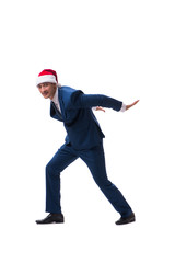 Young busnessman wearing santa hat in christmas concept on white