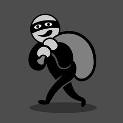 Burglar and criminal wears dark camouflage mask and carries bag. Burglary and crime during night. Thief bears stolen things after robbery.