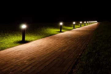 Foto op Aluminium Nachtlandschap van het park. Het pad is bedekt met beige tegels en wordt verlicht door zaklampen. Rondom het pad is een grasveld met groen gras. © Анатолий Еремин