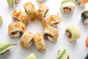 Japanese sushi rolls,maki on white background