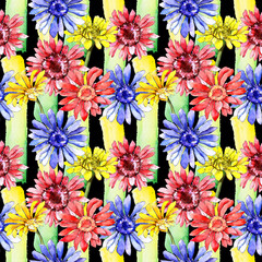 Wildflower gerbera flower pattern in a watercolor style. Full name of the plant: gerbera. Aquarelle wild flower for background, texture, wrapper pattern, frame or border.