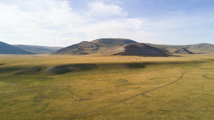 Aerial view of a vast landscape in Mongolia.
