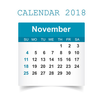 November 2018 calendar. Calendar sticker design template. Week starts on Sunday. Business vector illustration.