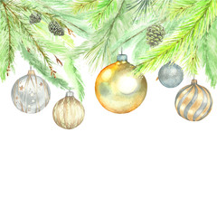 Christmas decorations set on a Christmas tree. Glass balls on spruce branches